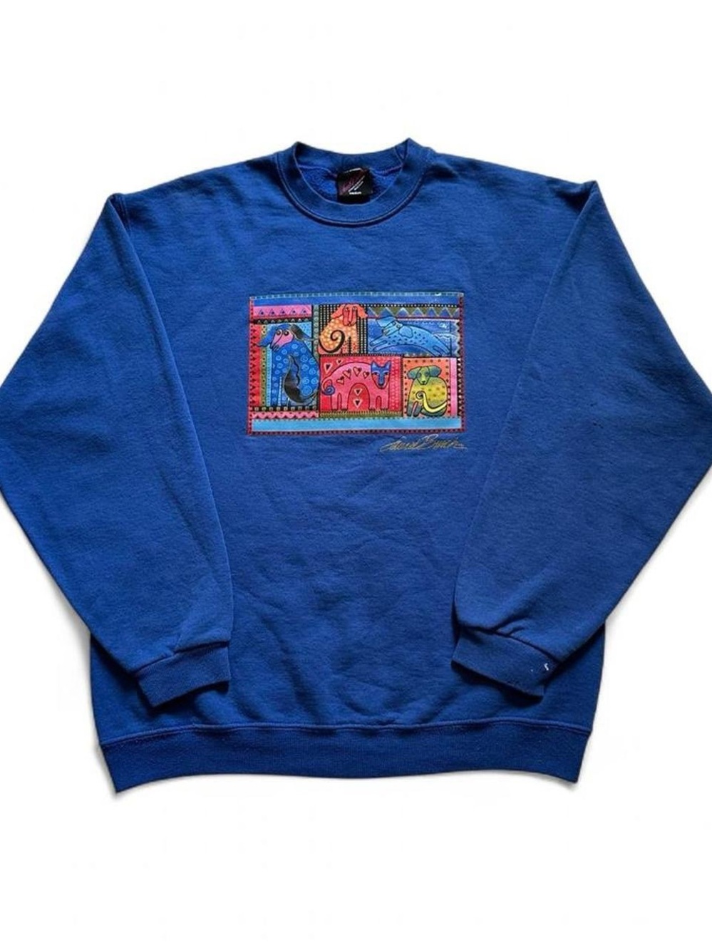 Vintage 1990s Blue Laurel Burch Abstract Cat Art Graphic Crewneck Sweatshirt M